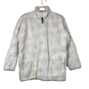 Fuzzy Sherpa Jacket Cream & Beige Leaf Pattern Cozy Full Zip Warm Coat
